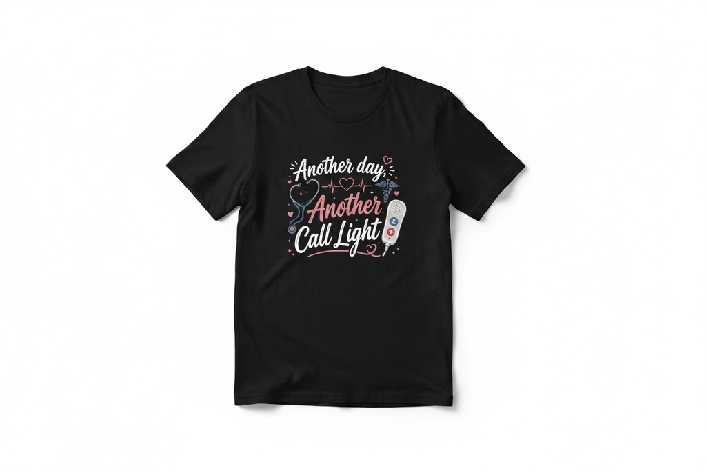 Another Day, Another Call Light – Black T-Shirt Mockup