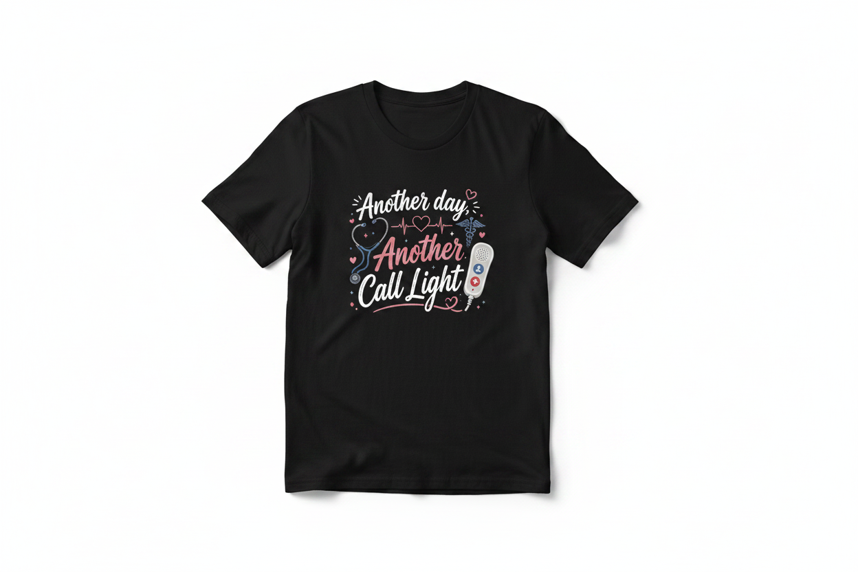 Another Day, Another Call Light – Black T-Shirt Mockup